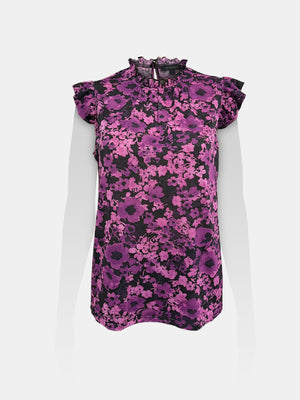 Ruffled Mock Neck Flutter Cap Sleeve Top