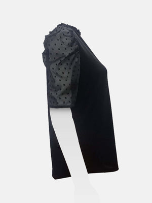 Ruffled Neck Swiss Dot Gathered Sleeves Top
