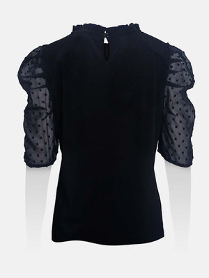 Ruffled Neck Swiss Dot Gathered Sleeves Top