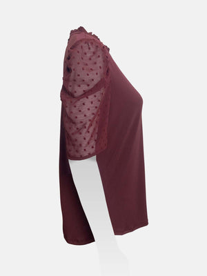 Ruffled Neck Swiss Dot Gathered Sleeves Top