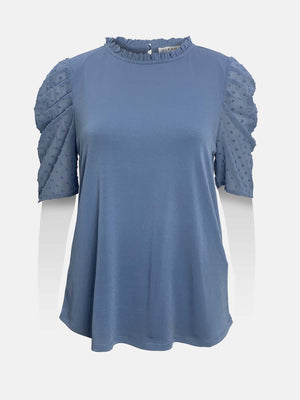 Ruffled Neck Swiss Dot Gathered Sleeves Top
