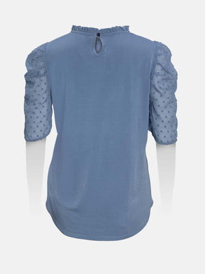 Ruffled Neck Swiss Dot Gathered Sleeves Top