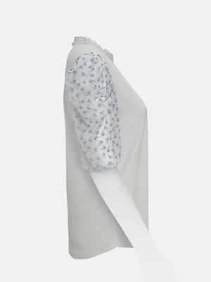 Ruffled Neck Gathered Printed Sleeve Top