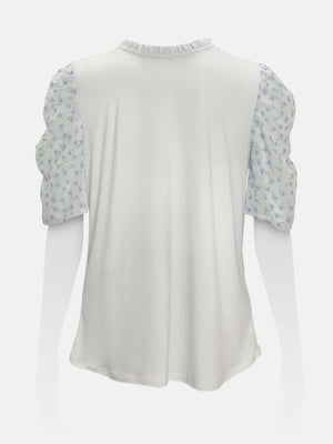 Ruffled Neck Gathered Printed Sleeve Top
