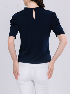 Ruffled Neckline Draped Elbow Sleeve Top