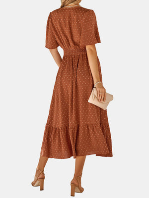 Dot V Neck Belt Solid Color Block Dress