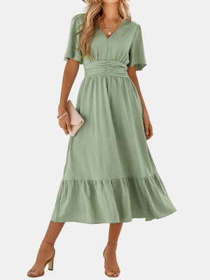 Dot V Neck Belt Solid Color Block Dress