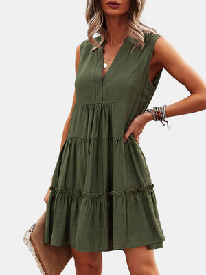 V-Neck Tiered Frill Smock Dress