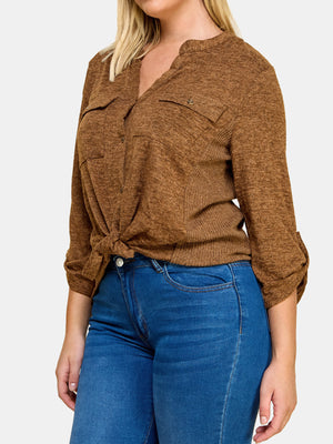 Plus Size Three Quarter Roll-Tab Sleeve Knit Top