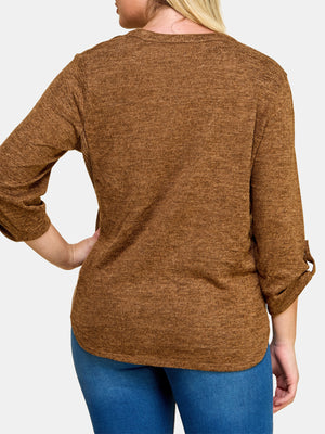 Plus Size Three Quarter Roll-Tab Sleeve Knit Top