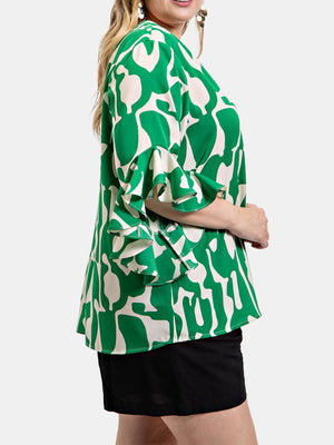 Geometric Print Ruffled Bell Sleeve Woven Top