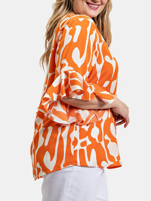 Geometric Print Ruffled Bell Sleeve Woven Top