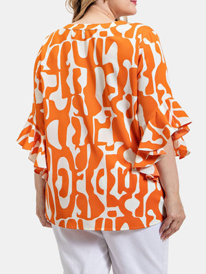 Geometric Print Ruffled Bell Sleeve Woven Top