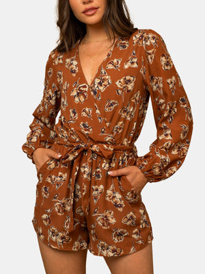 Long Sleeve Surplice Waist Tie Floral Print Romper