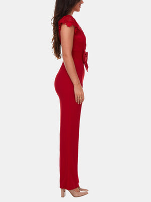 Crochet and Crepe Jumpsuit w/ Bow Belt