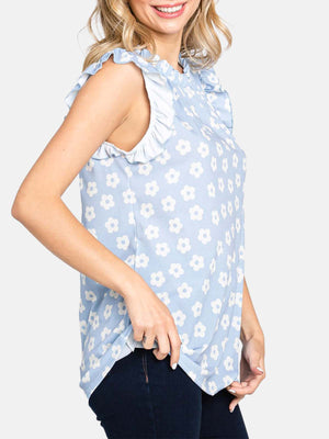 Daisy Print Ruffle Cap Sleeve Knit Top