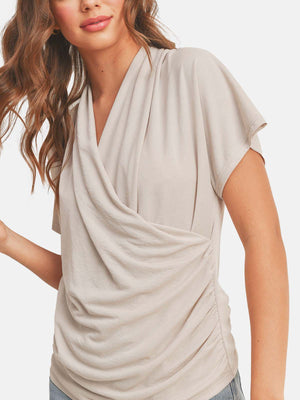 Short Dolman Sleeves Shirring Surplice Knit Top