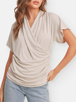 Short Dolman Sleeves Shirring Surplice Knit Top