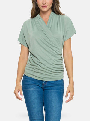 Short Dolman Sleeves Shirring Surplice Knit Top