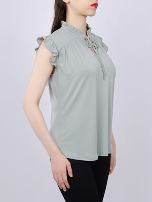 Tie-Front Ruffle Neck Knit Top
