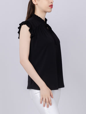 Tie-Front Ruffle Neck Knit Top