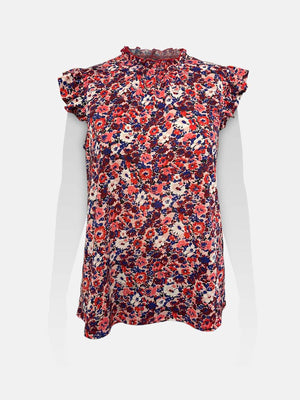 Ruffled Mock Neck Flutter Cap Sleeve Top