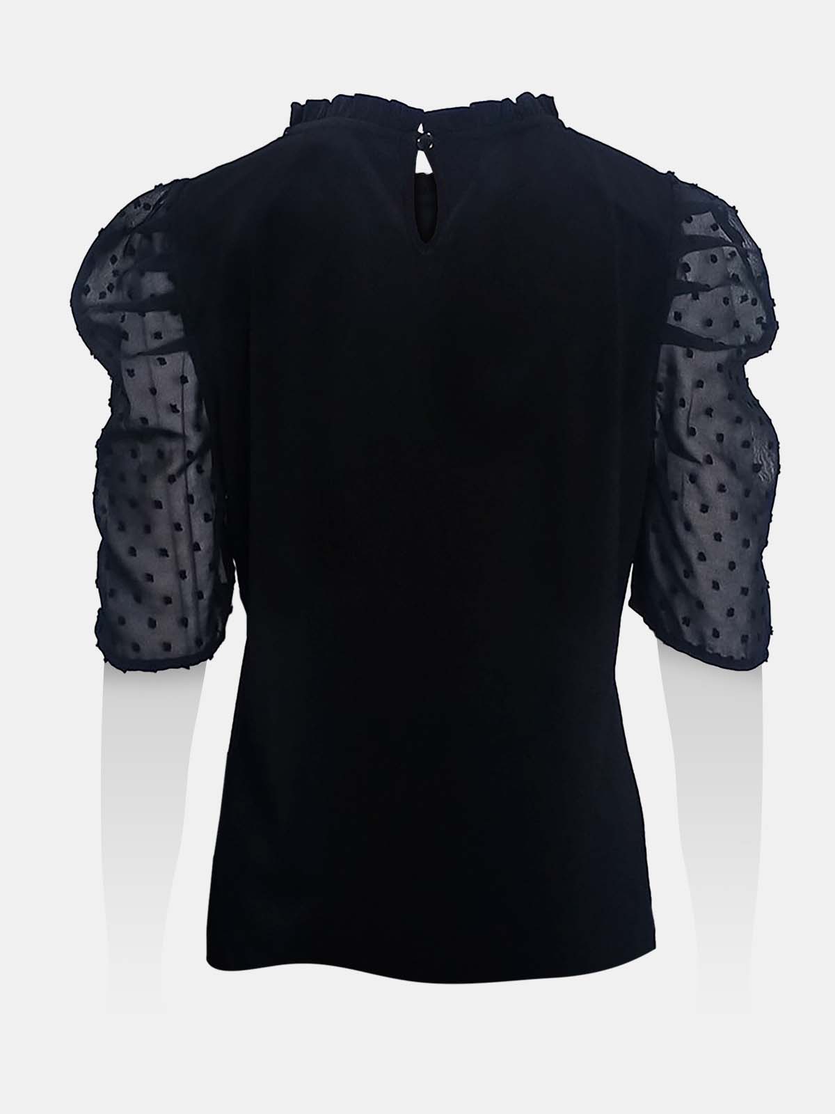 Ruffled Neck Swiss Dot Gathered Sleeves Top