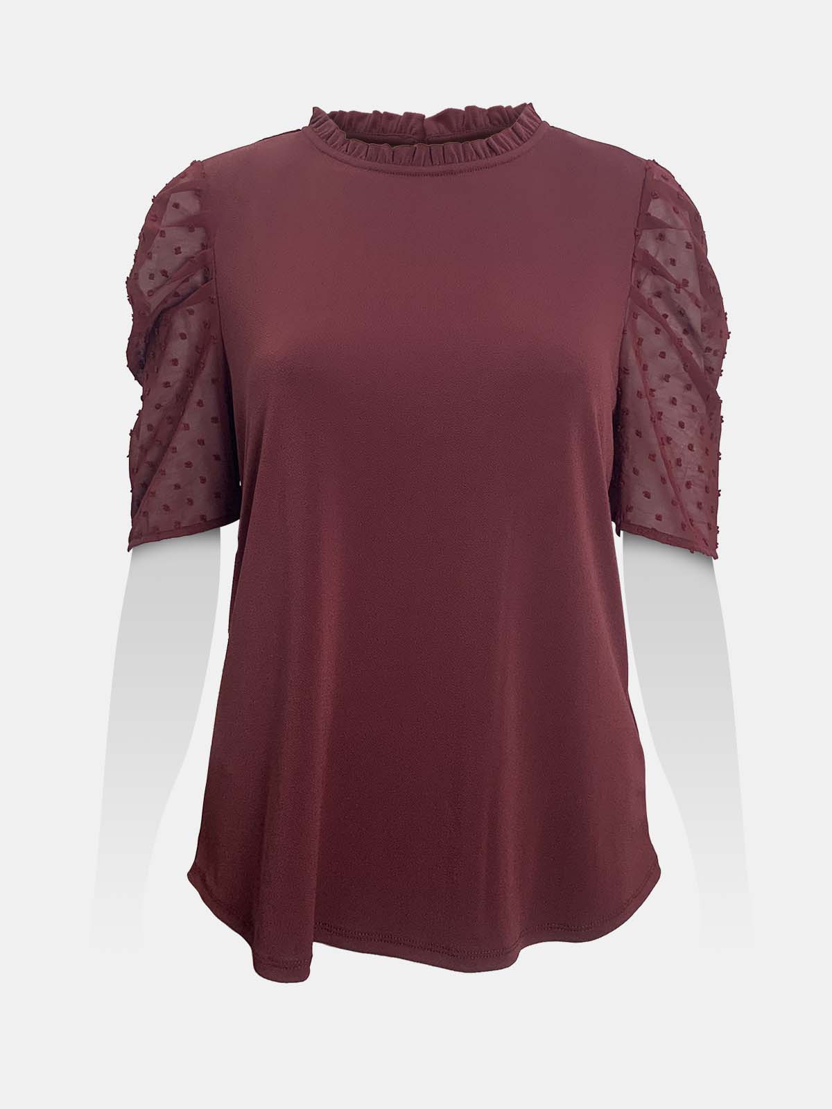 Ruffled Neck Swiss Dot Gathered Sleeves Top