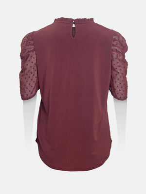 Ruffled Neck Swiss Dot Gathered Sleeves Top