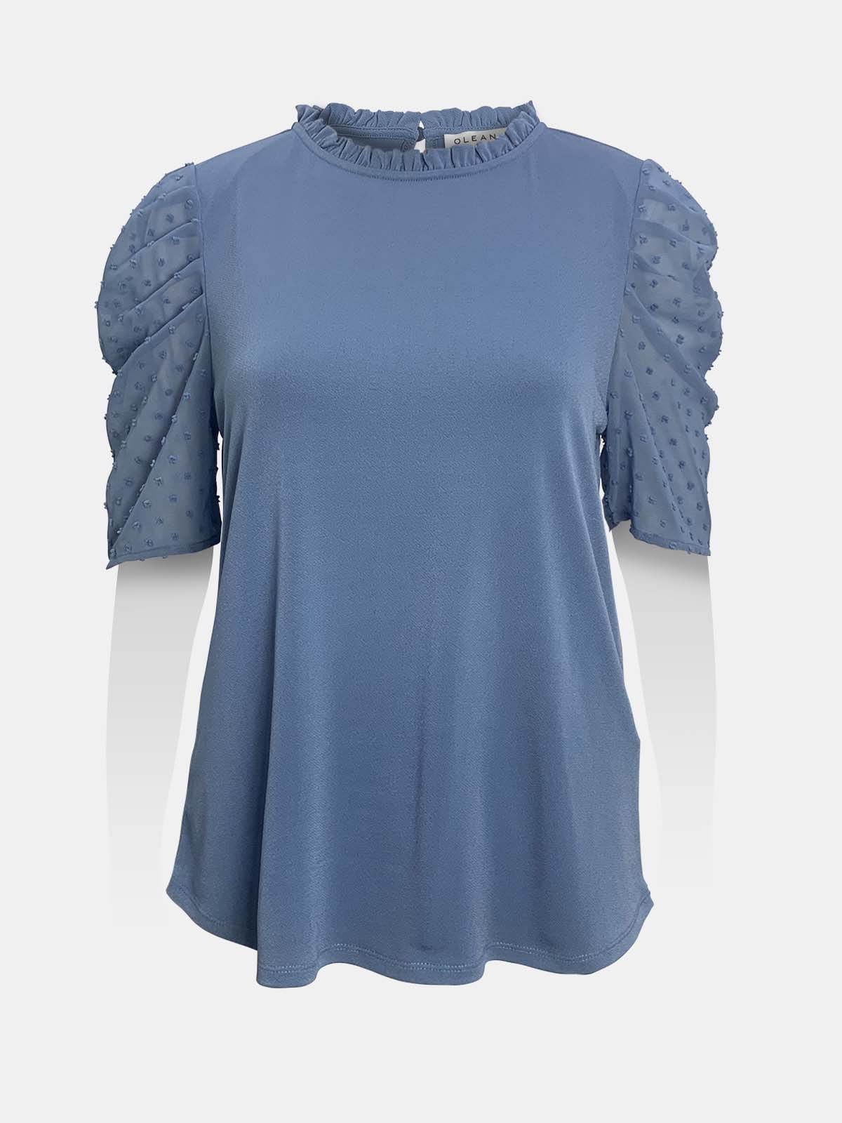 Ruffled Neck Swiss Dot Gathered Sleeves Top