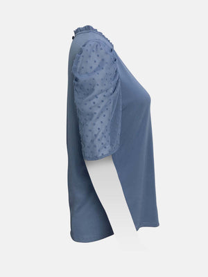 Ruffled Neck Swiss Dot Gathered Sleeves Top