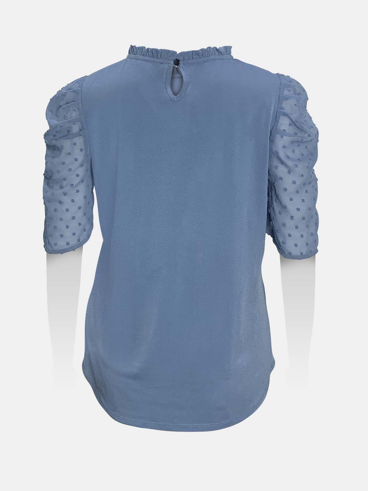 Ruffled Neck Swiss Dot Gathered Sleeves Top