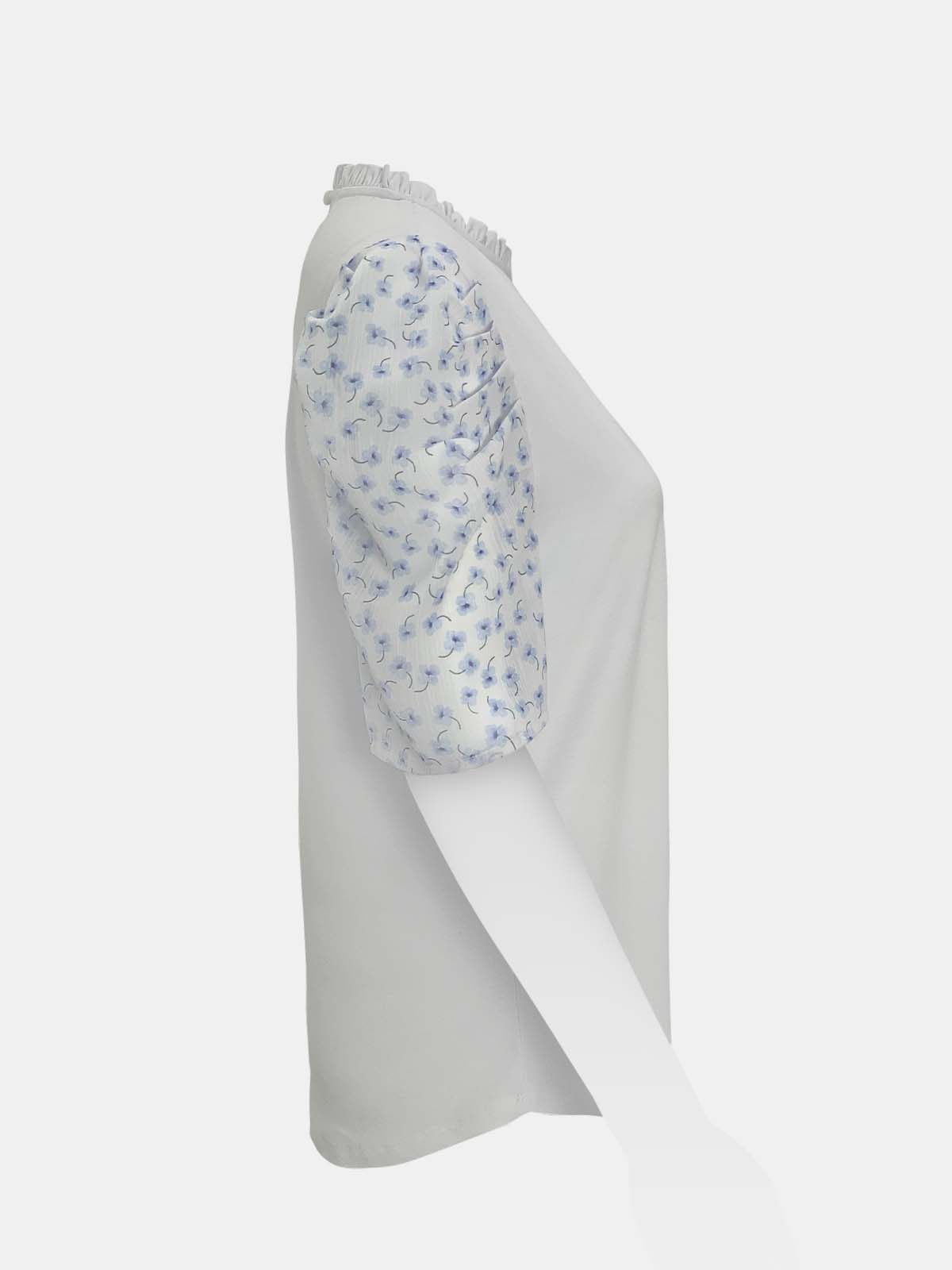 Ruffled Neck Gathered Printed Sleeve Top