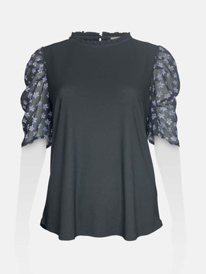 Ruffled Neck Gathered Printed Sleeve Top