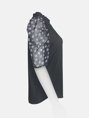 Ruffled Neck Gathered Printed Sleeve Top