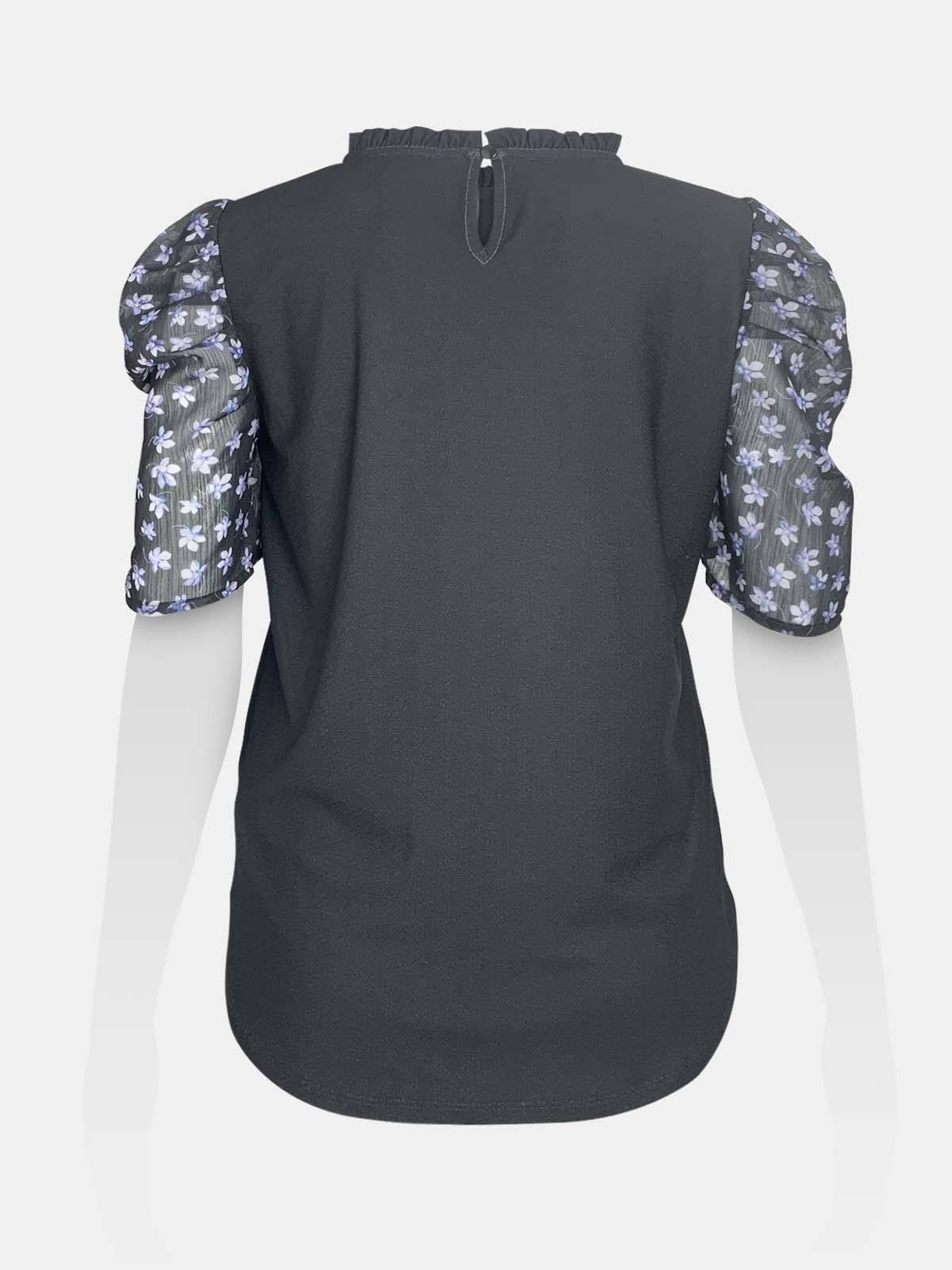 Ruffled Neck Gathered Printed Sleeve Top
