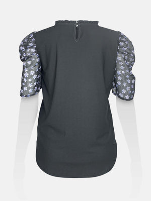 Ruffled Neck Gathered Printed Sleeve Top