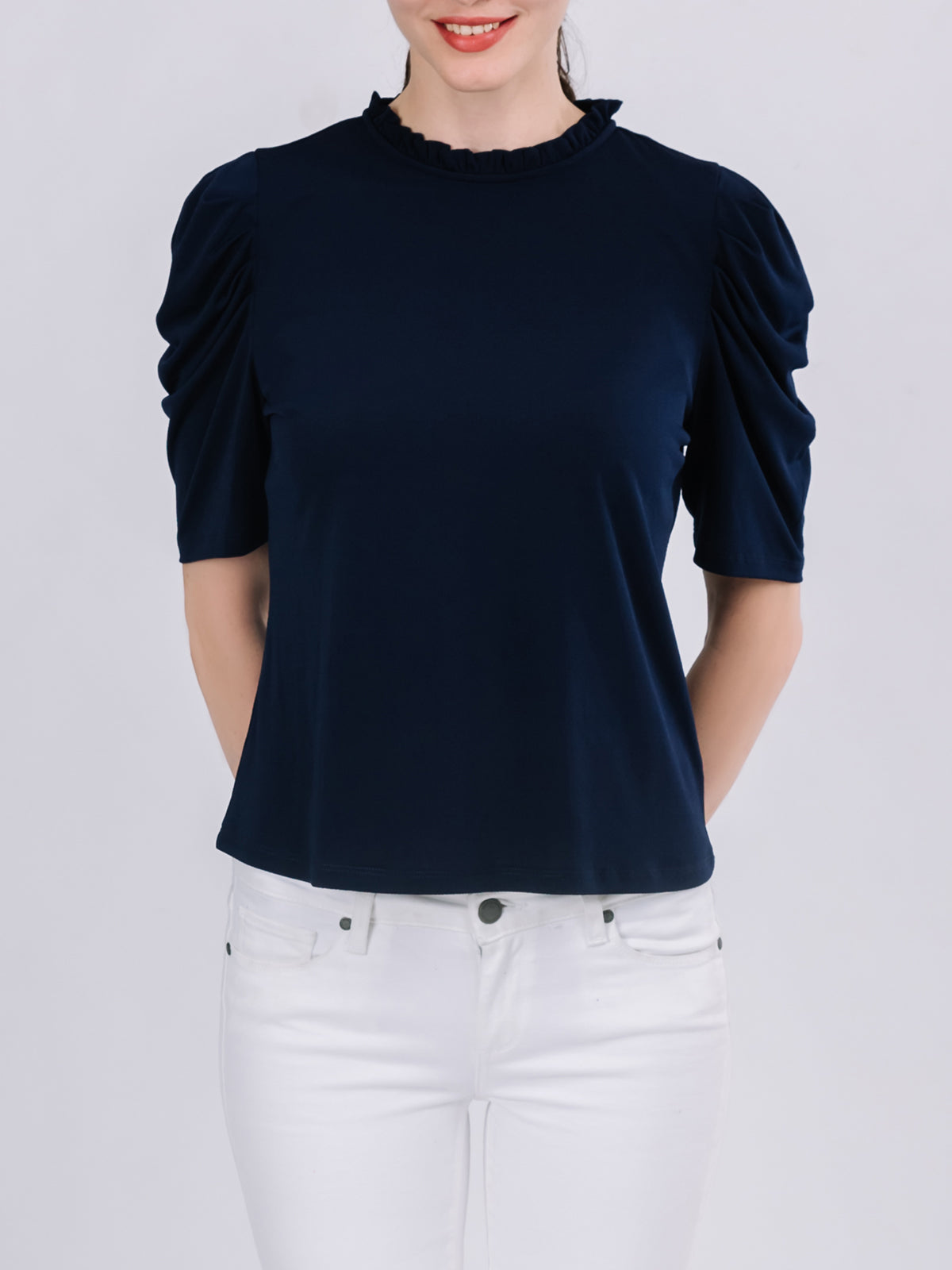 Ruffled Neckline Draped Elbow Sleeve Top
