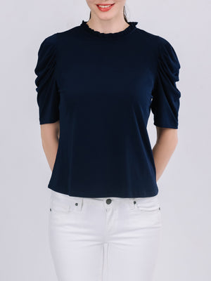 Ruffled Neckline Draped Elbow Sleeve Top