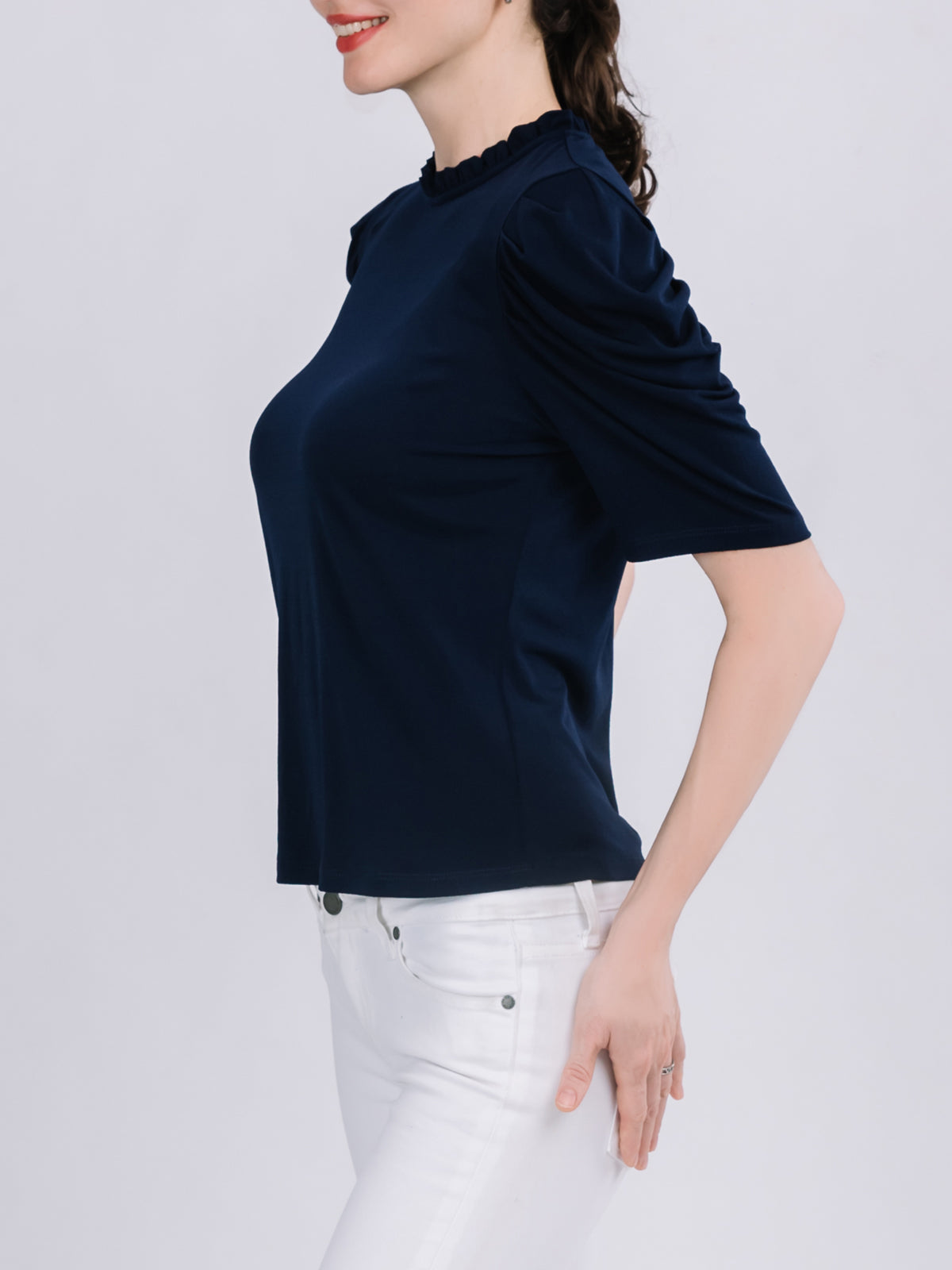 Ruffled Neckline Draped Elbow Sleeve Top