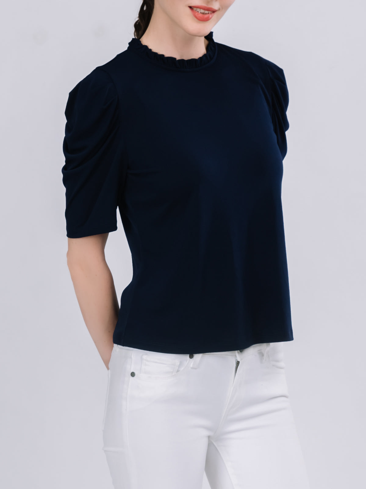 Ruffled Neckline Draped Elbow Sleeve Top