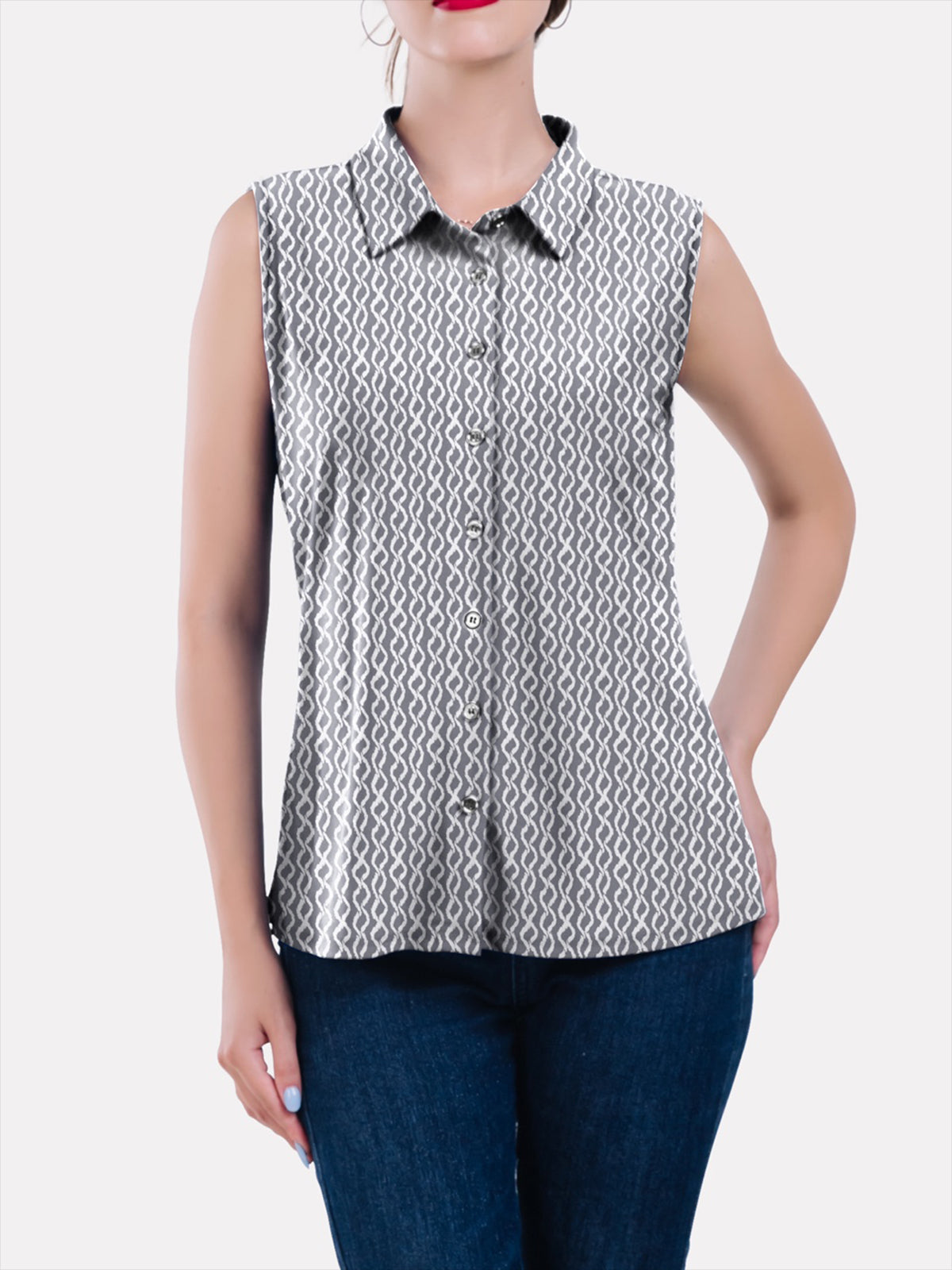 Collar Button Front Sleeveless Top