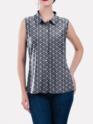 Collar Button Front Sleeveless Top