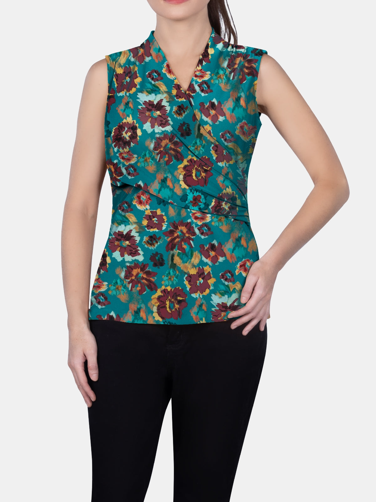 SURPLICE SLEEVELESS KNIT TOP