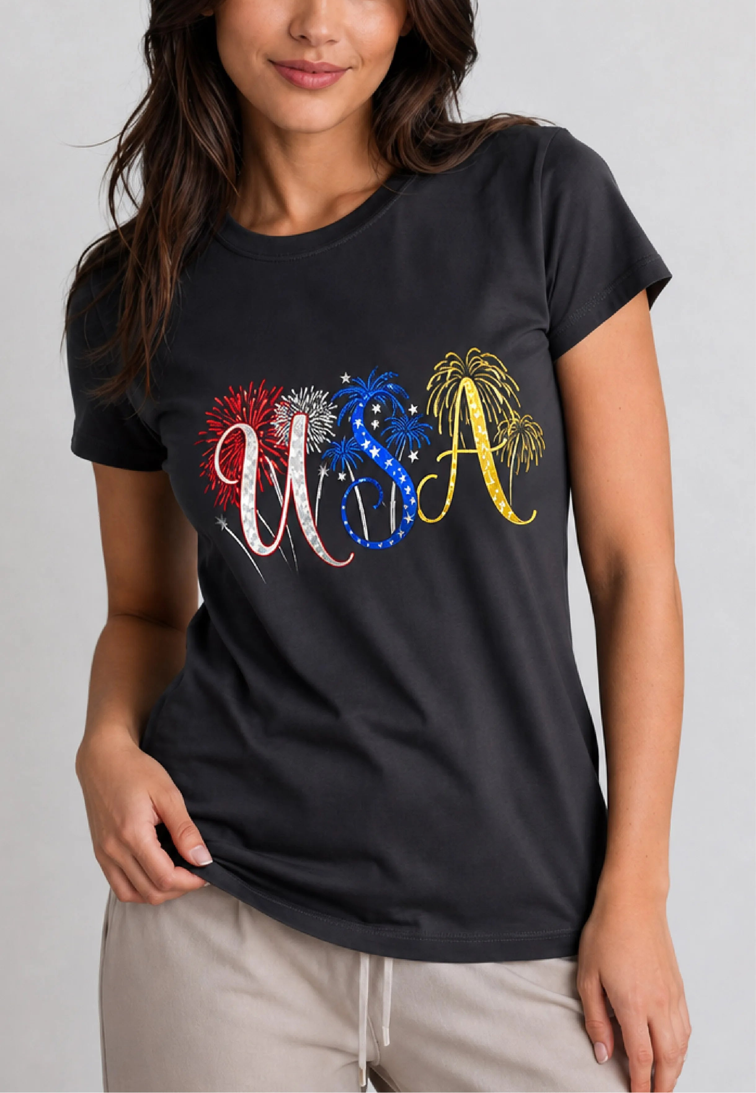USA Fireworks Script Black Tee