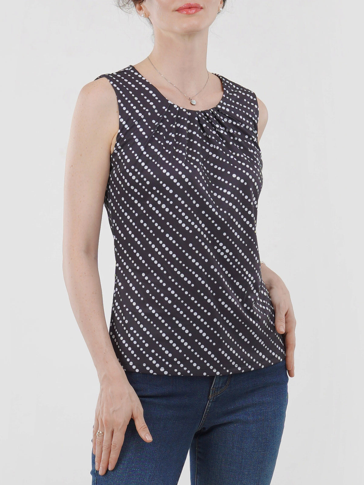Jewel Pleated Neck Sleeveless Top