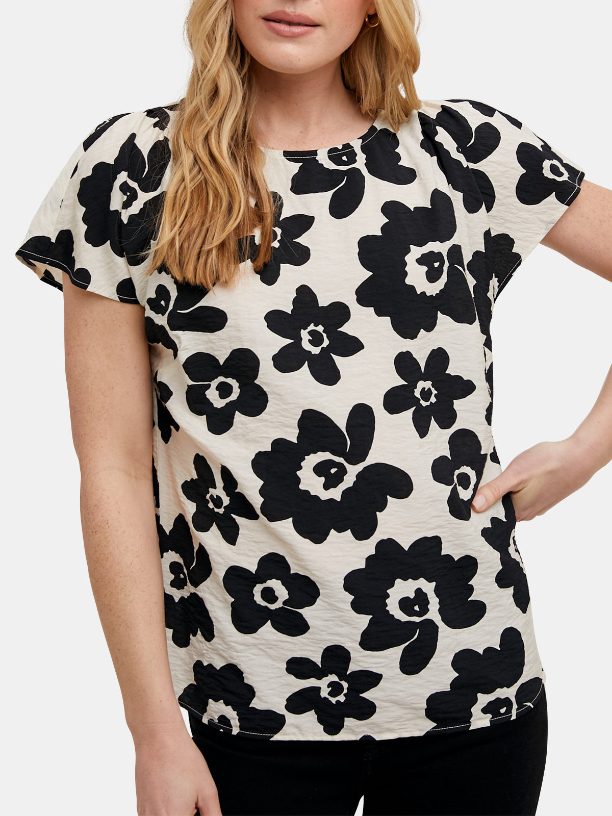 Flower Print Short Sleeve Woven Top