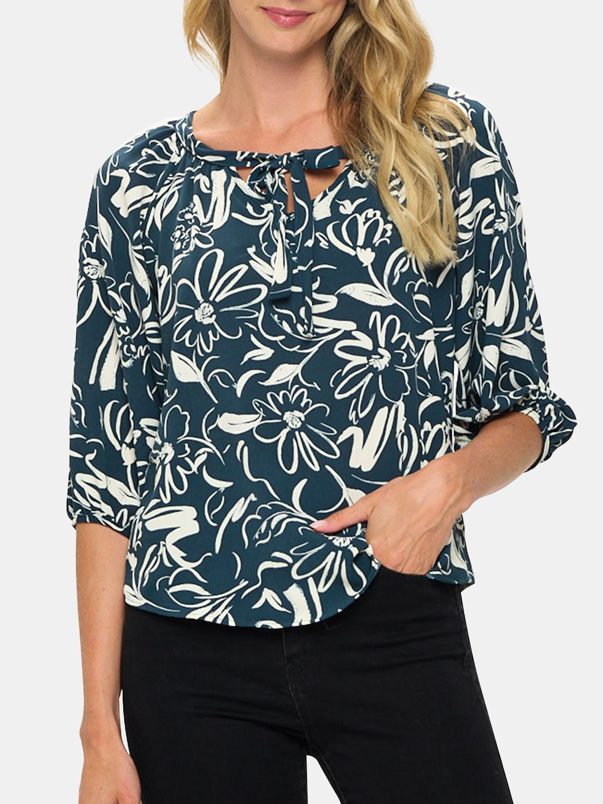 Flower Print Tie Neck Top