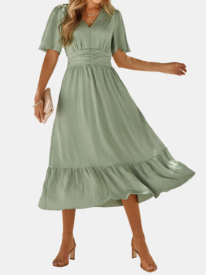 Dot V Neck Belt Solid Color Block Dress
