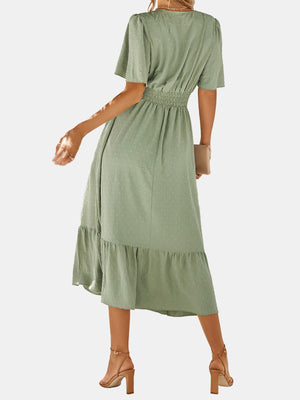 Dot V Neck Belt Solid Color Block Dress